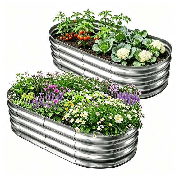 HGD Outdoor Oval Galvanized Metal Raised Garden Planter 2 pack, 4x2x1 ft Garden Boxes for Backyard Vegetables, Herbs and Flowers