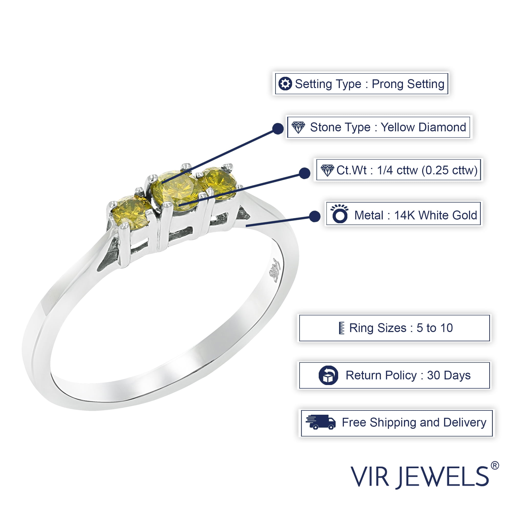Vir Jewels 1/4 CTTW 3 Stone Yellow Diamond Engagement Ring in 14K White Gold Round Size 6
