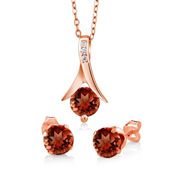 Gem Stone King 18K Rose Gold Plated Silver Pendant and Earrings Jewelry Set Round Garnet 2.25 cttw 18 inchesChain
