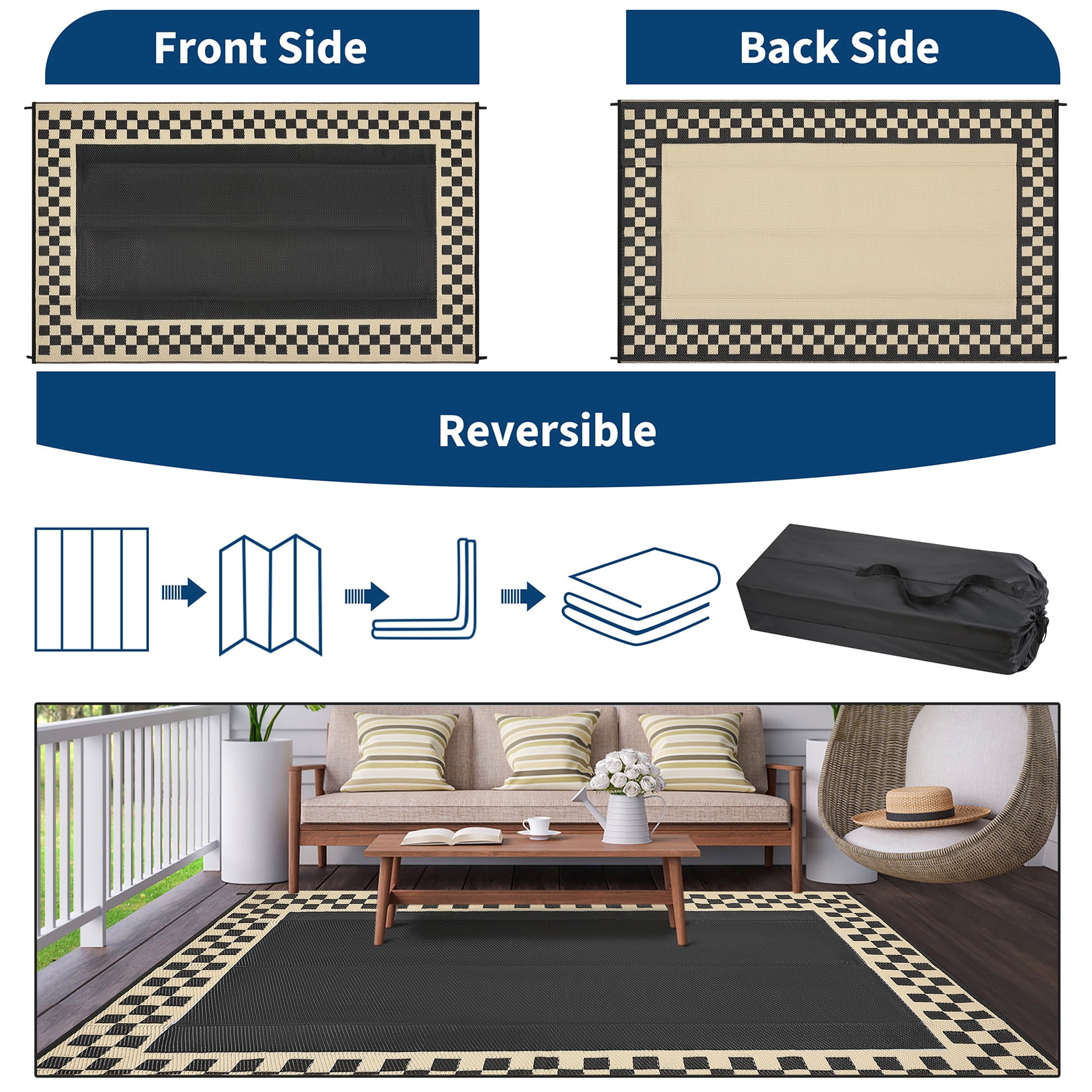 Kicctian Waterproof Reversible Outdoor Rug 9x12ft – Geometric Plastic Patio Carpet –Easy Clean, Portable with Stakes & Carry Bag – Garden, Balcony, Camping, RV, Backyard – Black Coffee