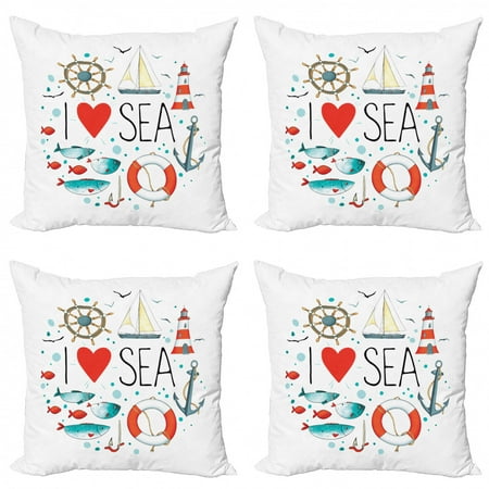 Nautical Throw Pillow Cushion Case Pack of 4, I Love Sea Words Heart Materials Anchor Compass Knotted Rope, Modern Accent Double-Sided Print, 4 Sizes, White Red Blue, by Ambesonne