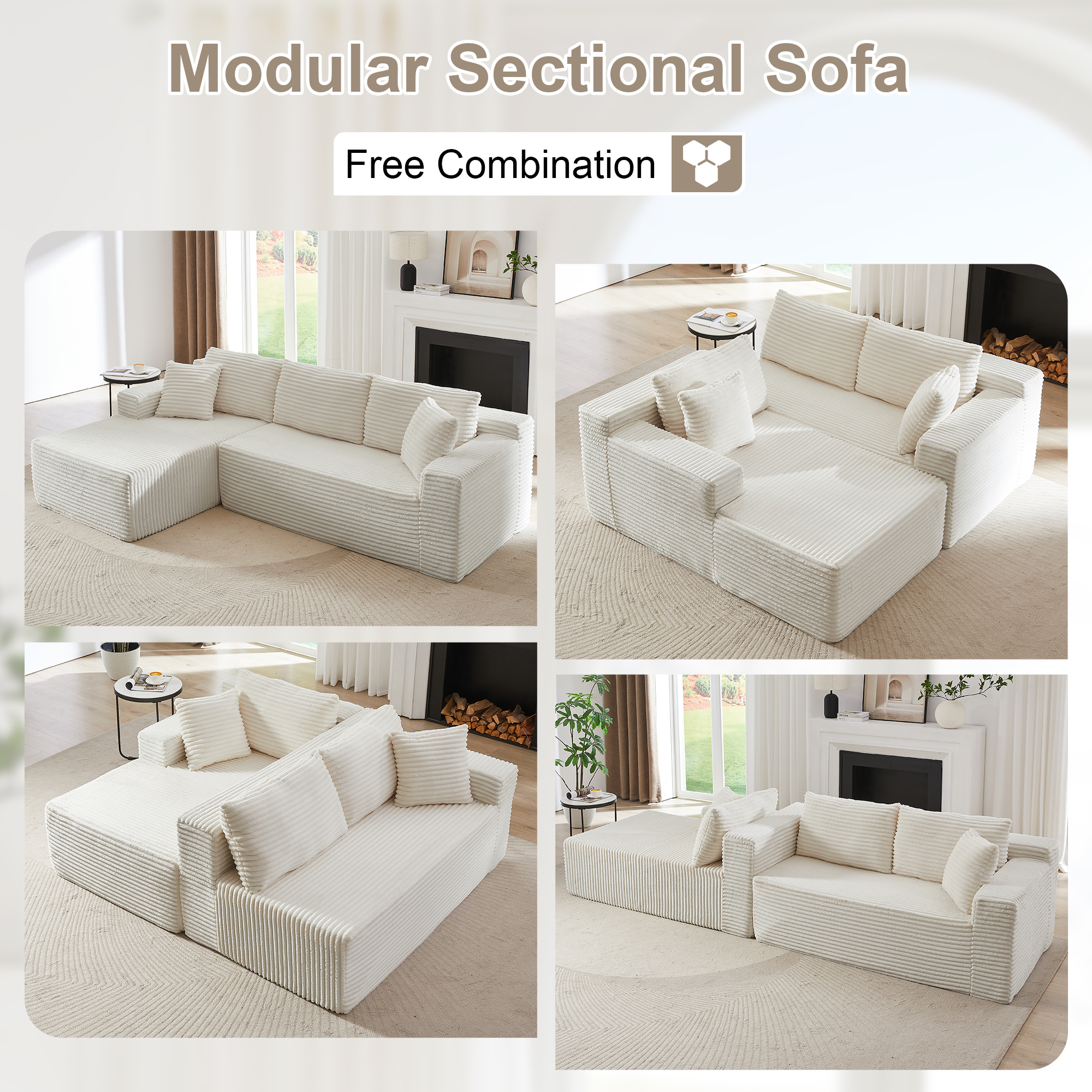 GNIXUU 103” W Corduroy Boneless Couch, L-Shaped Sectional Sofa with Left Facing Chaise, Comfy Memory Foam Cloud Compression Couches for Living Room Home Office, No Assembly,Beige
