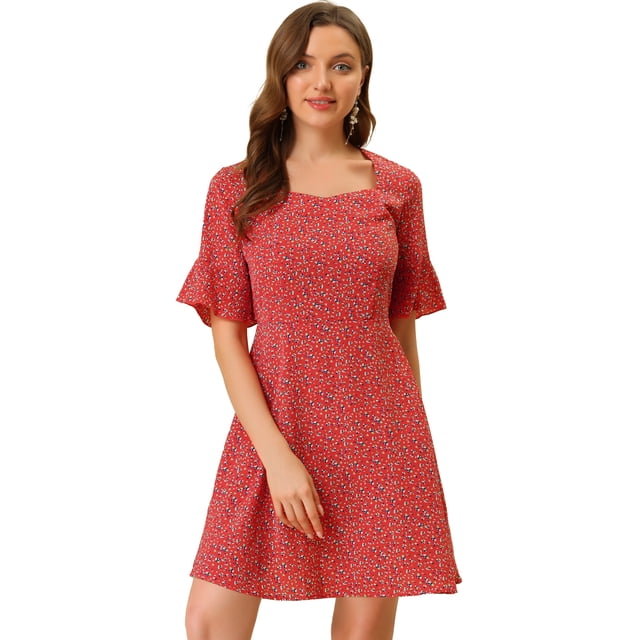 Vestido floral de manga corta con campana de cintura fruncida sin espalda de verano para mujer rojo XL