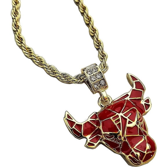 Hip Hop Iced Cubic Zirconia Gold Plated Art Bulls Head Pendant & 3mm 24" Rope Chain Fashion Bling Necklace Jewelry Gift
