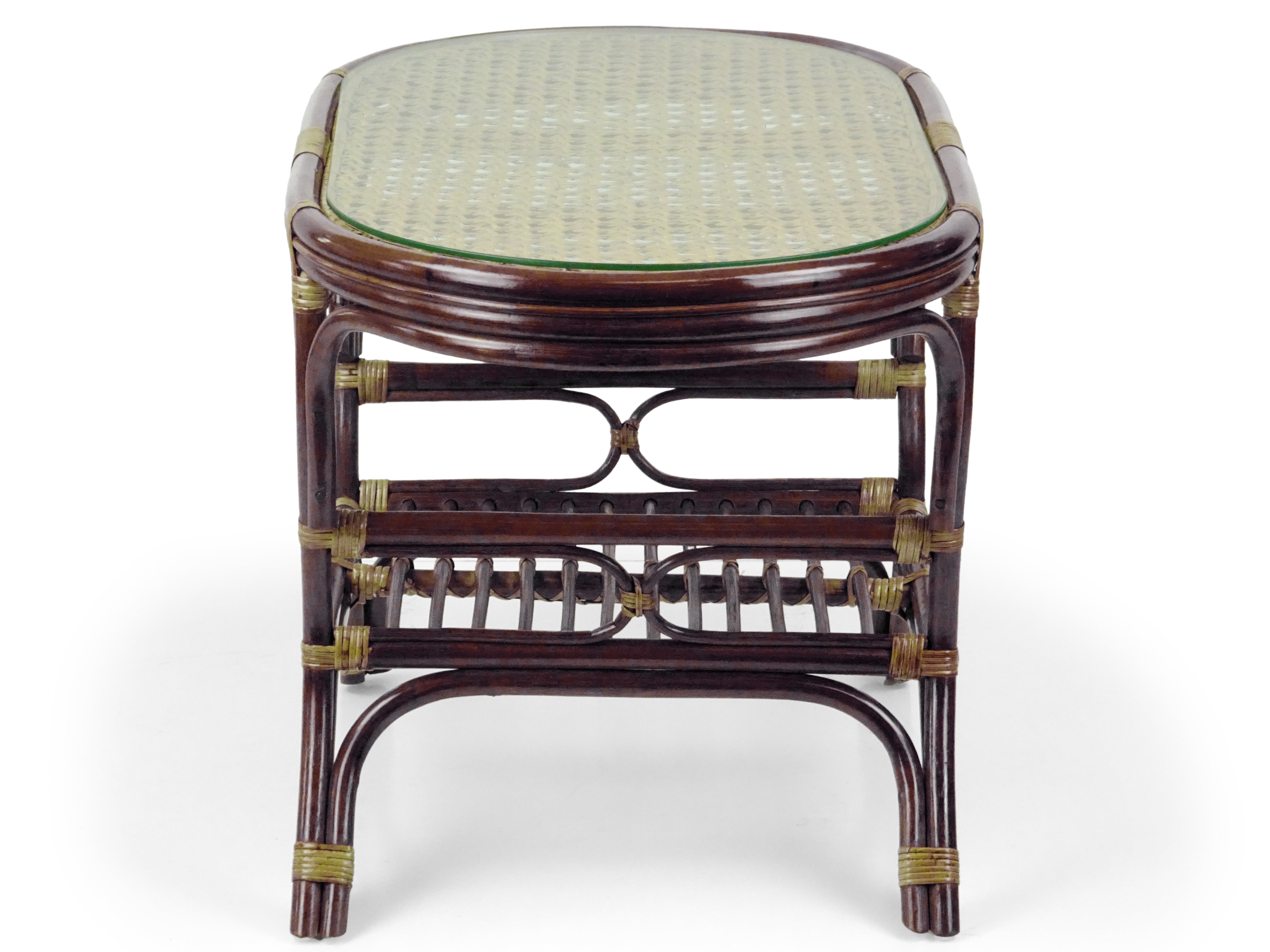 SK New Interiors Pelangi Oval Coffee Table Natural Rattan Wicker ECO Handmade Design w/ Glass Top, Dark Brown