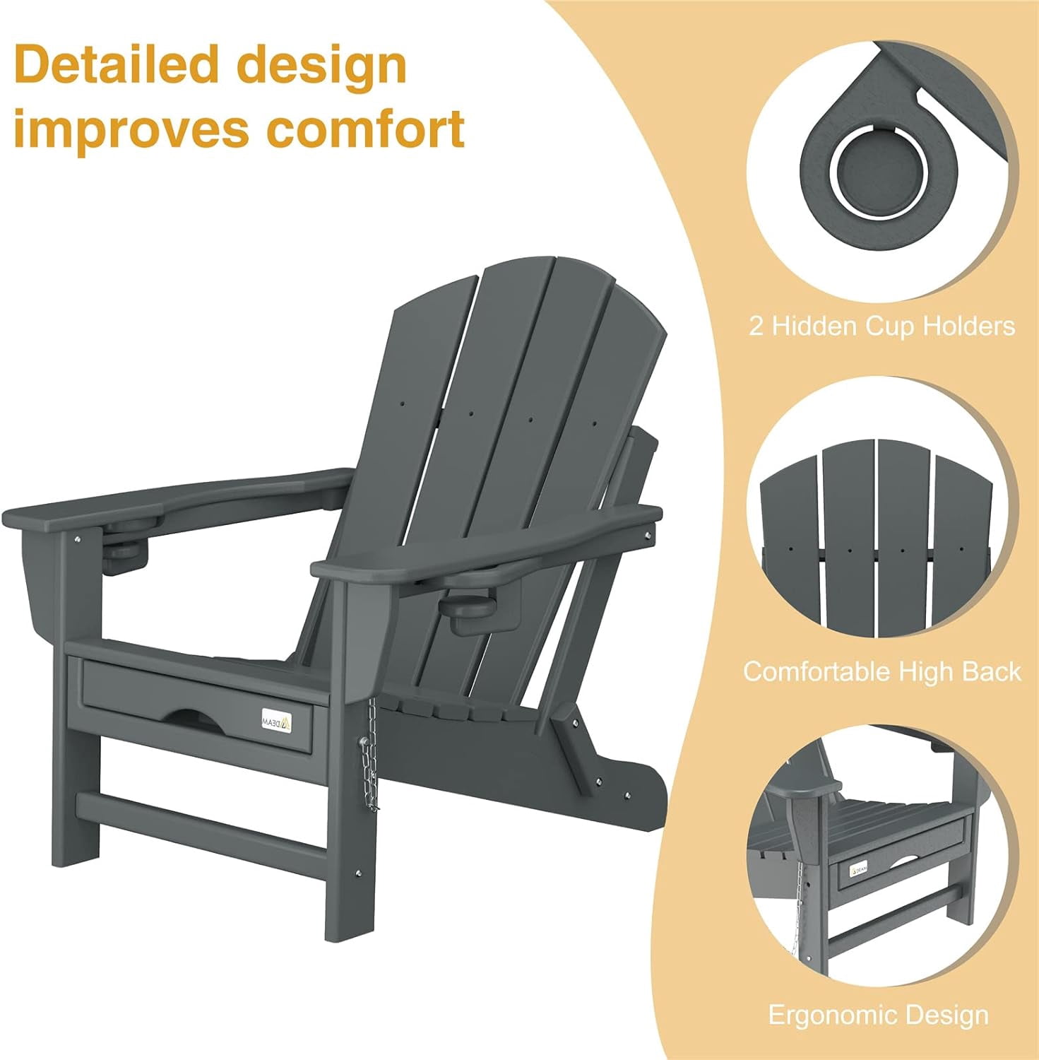 Erinnyees Folding Adirondack Chair with Retractable Ottoman, HDPE All-Weather Fire Pit Chair with 2 Cup Holders, Outdoor Chair for Deck Patio Garden Backyard Lawn