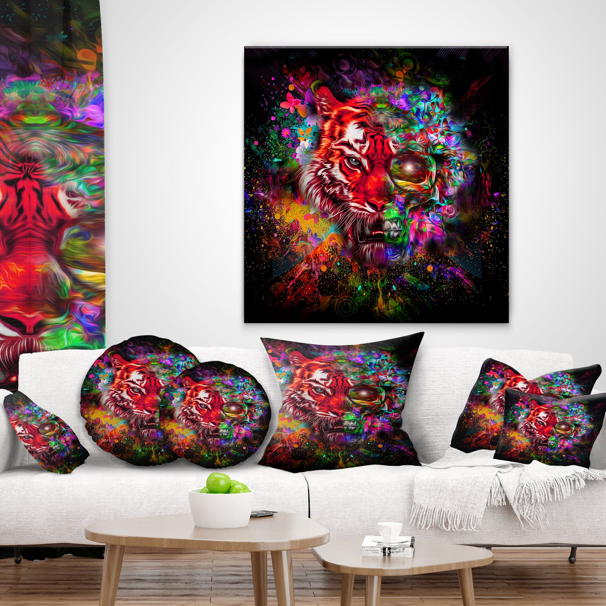 Designart Colorful Tiger Head with Half Skull - Abstract Throw Pillow - 18x18
