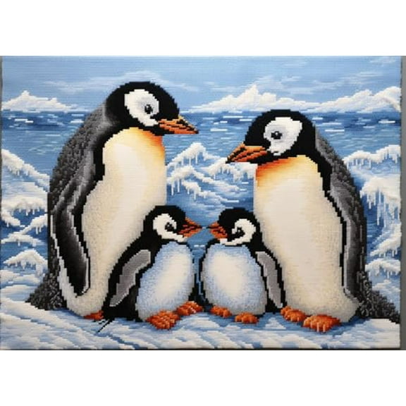 Penguins Family Latch Hook Rug Kit for Adults Easy Carpet Cushion with Printed Canvas Crochet Yarn Craft DIY Hooking Tapestry for Home Floor Decoration Pets Pads 60x40cm