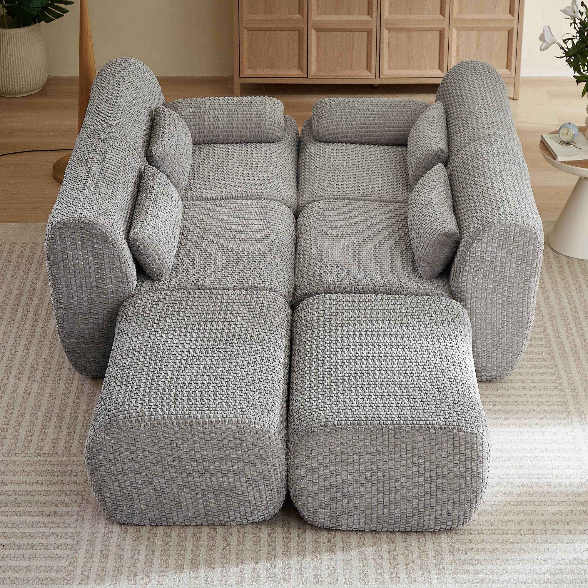 Modern U-Shaped No Assembly Floor 4-Seater Sectional Sofa, Cloud-Like Boneless Upholstered Couch with 2 Ottomans, Living Room Modular Sofa Set