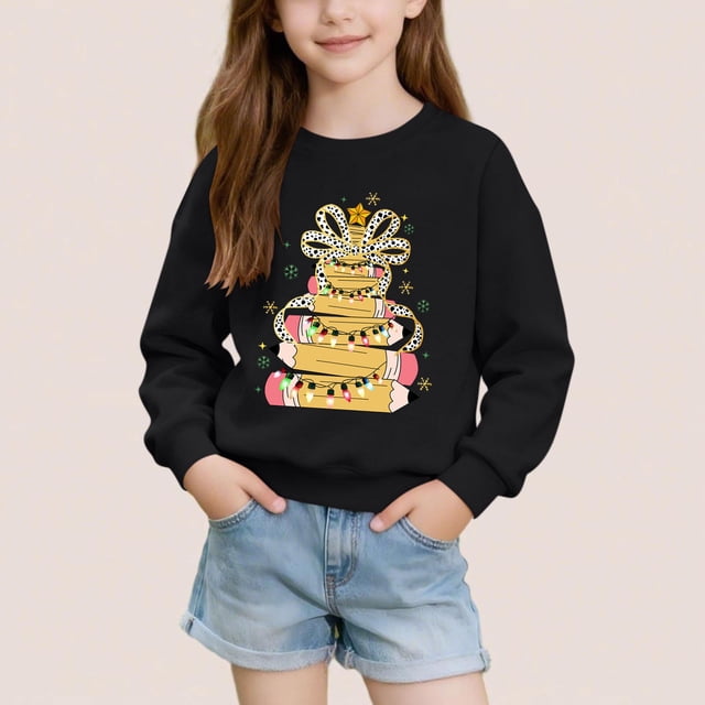 Cowsor Chandails en Molleton Filles Enfants Mignons Graphiques Col Rond Chandail Tops Manches Longues Vacances
