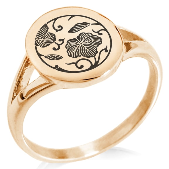 Stainless Steel Ivy Branch Kamon Crest Minimalist Oval Top Polished Statement Signet Ring