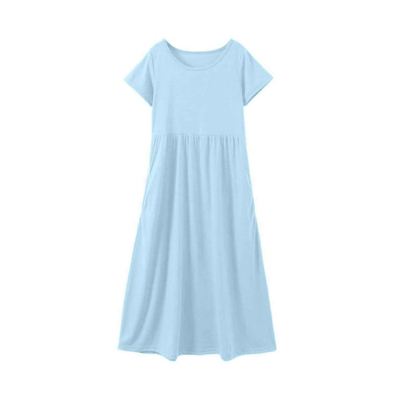 Girls Toddler Dress Pure Color Round Neck Short Sleeve Comfortable Pocket Long Dresses For Kid size 4-5T