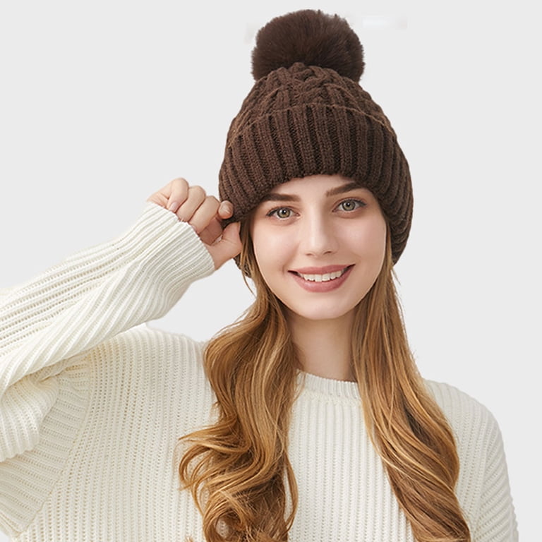 Women’s Brown Winter Fleece-Lined Chunky Knit Beanie Snow Hat Cap Winter Beanie Hat for Women with Pompom Warm Fleece Lined  main image 3