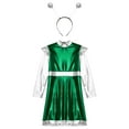thumbnail image 5 of LiiYii Girls Alien Outfit Kids Party Fancy Dress Ups Outfits Glossy Dress with Arm Sleeve Hair Hoop Set Green 8, 5 of 7
