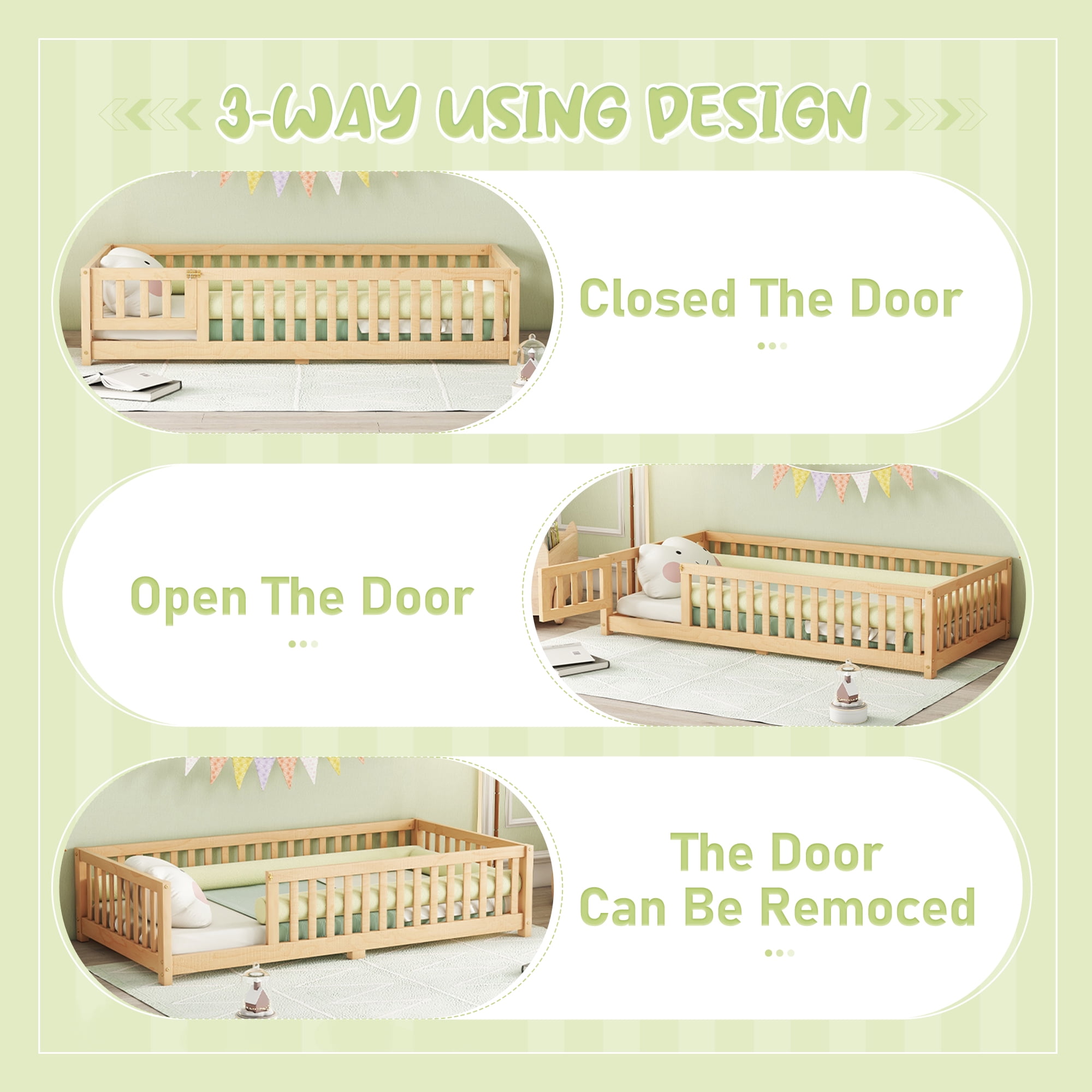 Twin Floor Bed, Wood Twin Size Montessori Bed with Rails, Twin Bed Frame with Slats, No Box Spring Needed,Natural