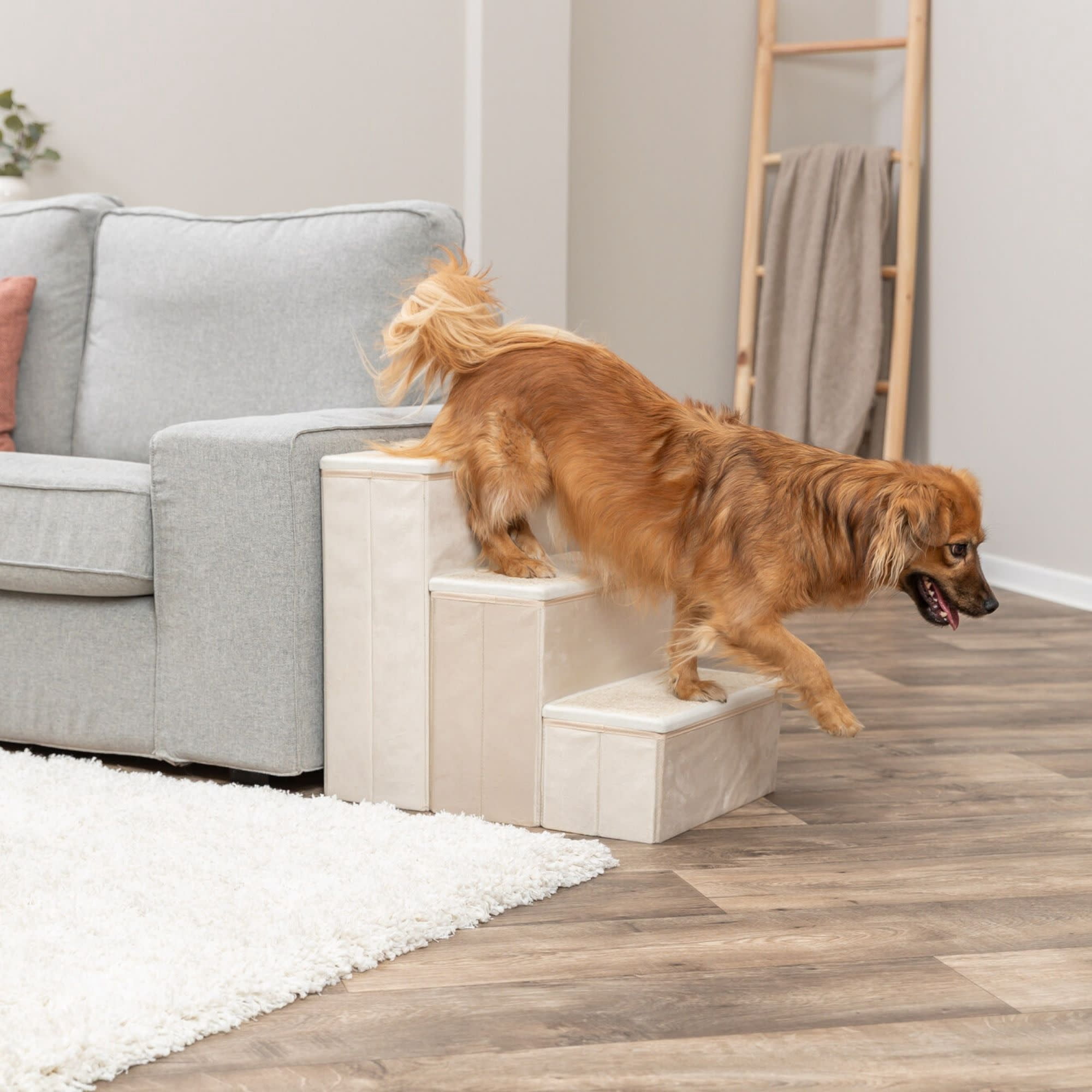 TRIXIE 3-Step Foldable Velour Pet Stairs with Storage, Beige