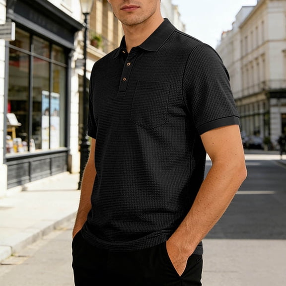 Fnnxeal Mens Polo Shirts Summer Solid Short Sleeve Waffle Collared Casual Polo Black Shirts for Men Size 3XL