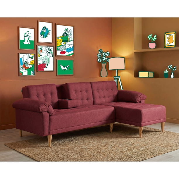 Sala Modular Reversible Makora Brunello Con Memory Foam, Color Rojo, Lino Respaldo Reclinable De 3 posiciones.