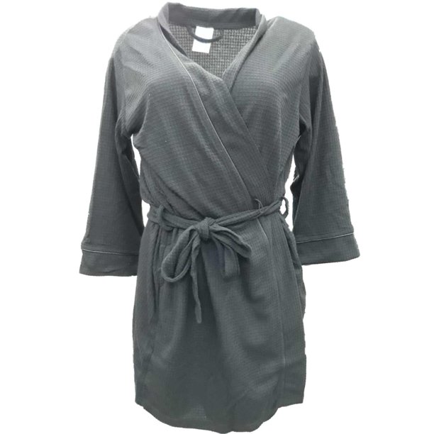 Womens Black Square Ribbed Bathrobe House Coat MidLength Bath Robe