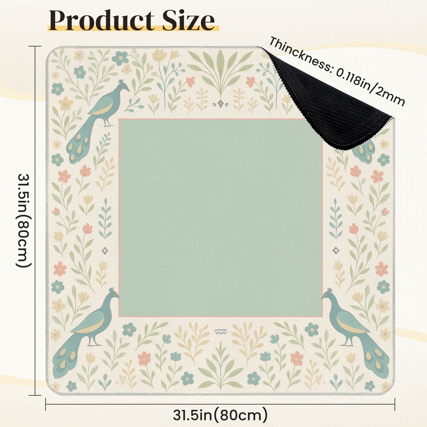 Mahjong Mat 31.5" x 31.5" Elegant Floral Border Peacocks Soft Pastel Colors Anti-Slip and Noise Reduction Symmetry Design Mahjong Tiles Table Cover for Dominoes Poker Card Board and Tile Games