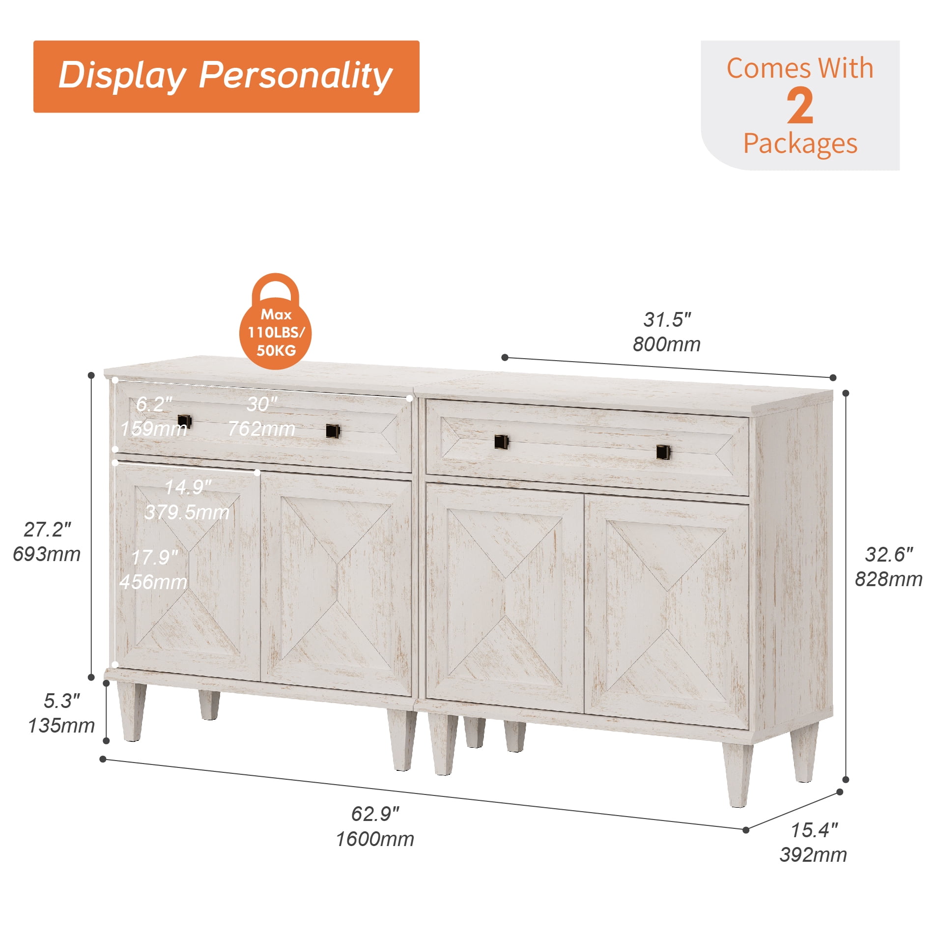 WAMPAT Handmade Patchwork Set of 2 Buffet Cabinets, White