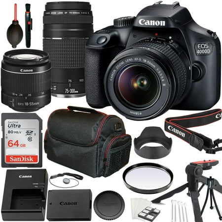 Image of Canon EOS 4000D / Rebel T100 DSLR Camera with EF-S 18-55mm f/3.5-5.6 III Lens + Canon EF 75-300mm f/4-5.6 III Lens + 64GB Memory Card + Tripod + Case + Cleaning Kit & More