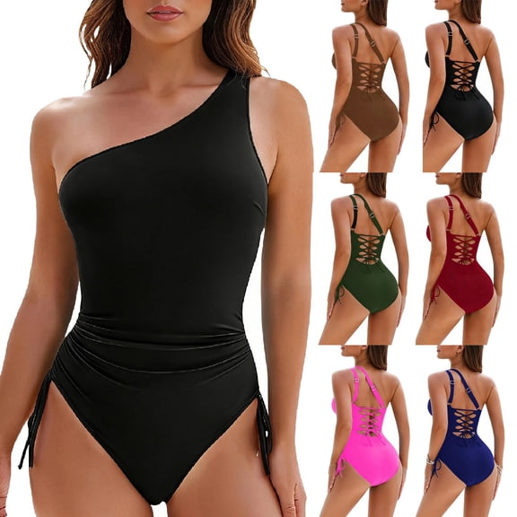 Hfnxid Women's 1 Piece Swimsuits One Shoulder Swimming Tank Top Lightwight Backless Bathing Suits Summer Going Out Vacation Swimwear Navy M