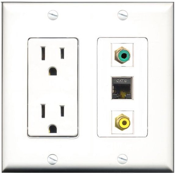 RiteAV - 15 Amp Power Outlet 1 Port RCA Yellow 1 Port RCA Green 1 Port Shielded Cat6 Ethernet Ethernet Decorative Wall Plate