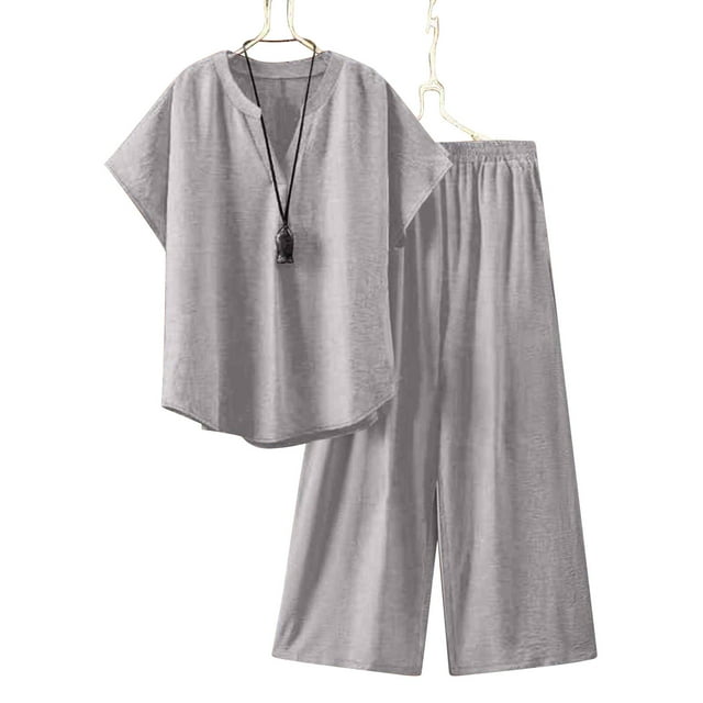 Karight Ensemble Décontracté Ample pour Femmes Couleur Unie et Lin Manches Courtes + Pantalon