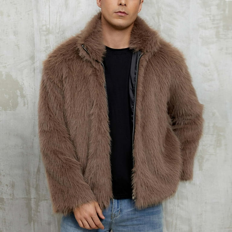 WRKEKC Faux Fur Jacket Men's Long Sleeve No Hood Solid Color Lapel