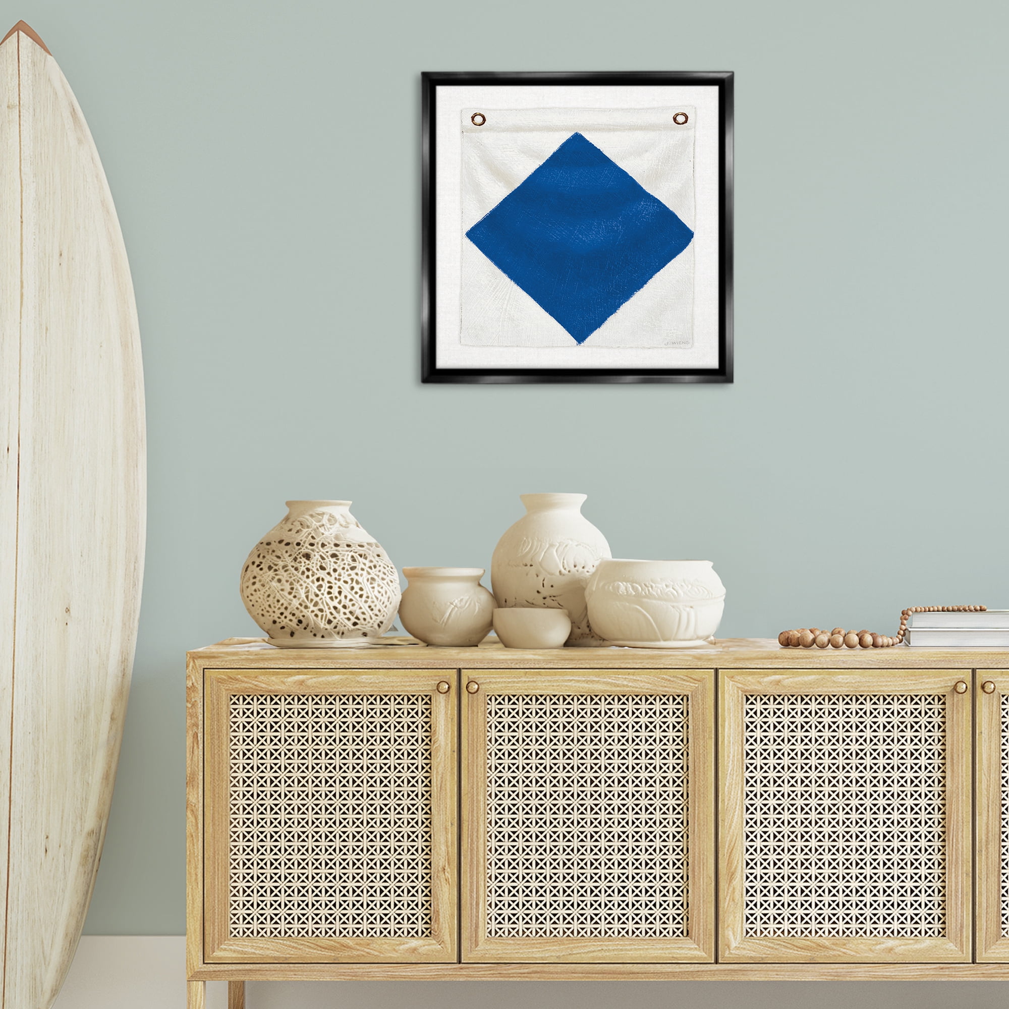 Stupell Industries Blue & White Nautical Flag Nautical & Beach Painting Black Floater Framed Canvas Art Print Wall Art, 25 x 25