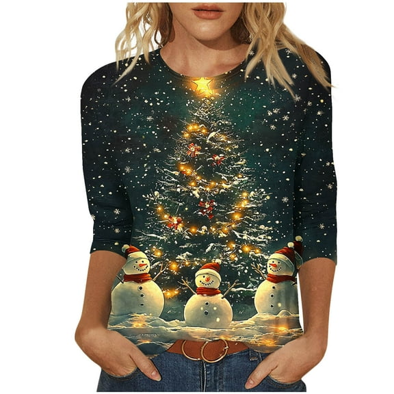 Womens Christmas Sweatshirts Funny Christmas Tree Print Pullover Sweater Blouses Round Neck Shirts Tops Long Sleeve Sweatshirt Merry Christmas Holiday Party Clothes