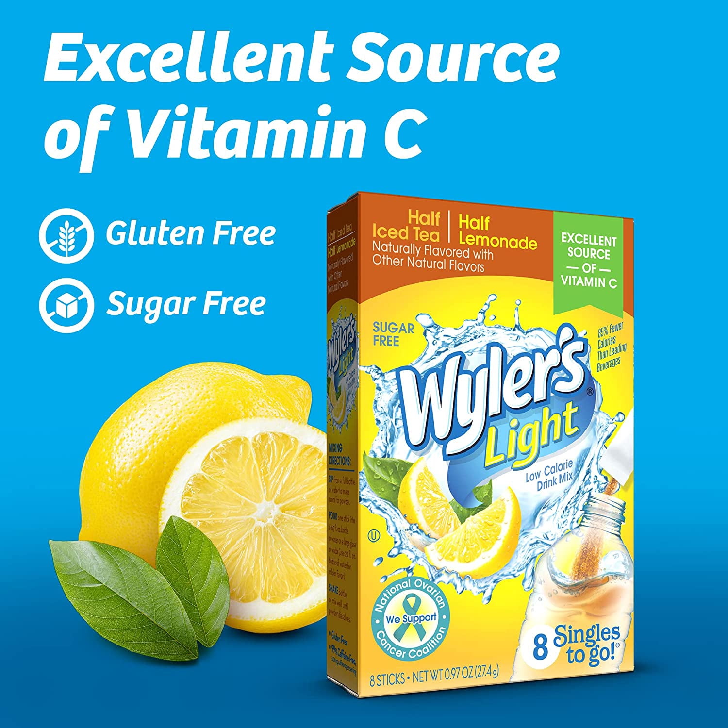 Wyler's Light Singles To Go Powder Packets, Water Drink Mix, Half Iced Tea / Half Lemonade, 96 Single Servings (Pack of 12)