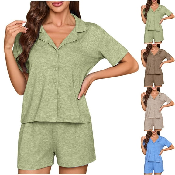 Bovxnpu Pajamas for Women Set Loungewear Set, Womens Button Down Pajamas Set Short Sleeve Tops and Shorts Soft Sleepwear