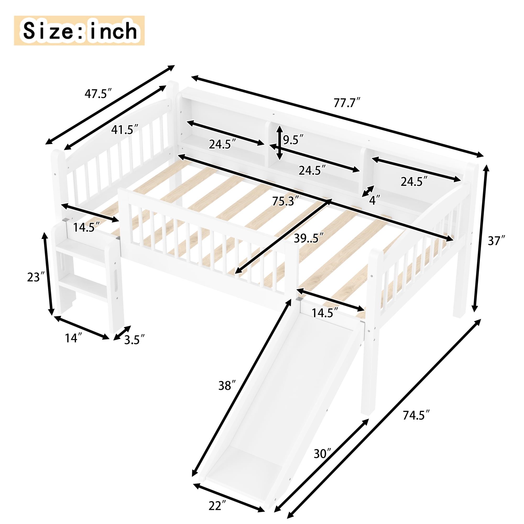Leumius Twin Size Loft Bed with Slide,Solid Wood Loft Bed Frame with Storage Shelves,LED Lights and Full-length Guardrails,No Box Spring Needed,White