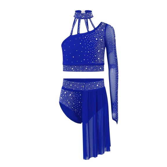 Aiihoo Kids Girls Gymnastics Ballet Lyrical Dance Outfit Sheer Mesh Shiny Rhinestone Crop Top with Irregular Skirt Blue 6