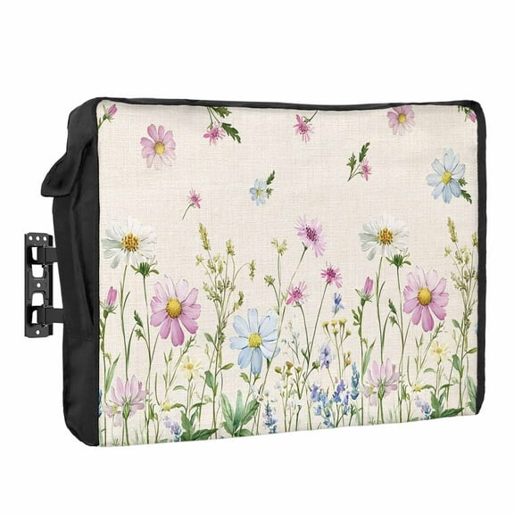 Outdoor TV Cover 36 to 39 Inches, Farmhouse Floral Wildflowers Herb Plant Retro Linen Texture Waterproof TV Cover with Remote Control Pocket, Flat Screen TV Cover Protector for Outside TV