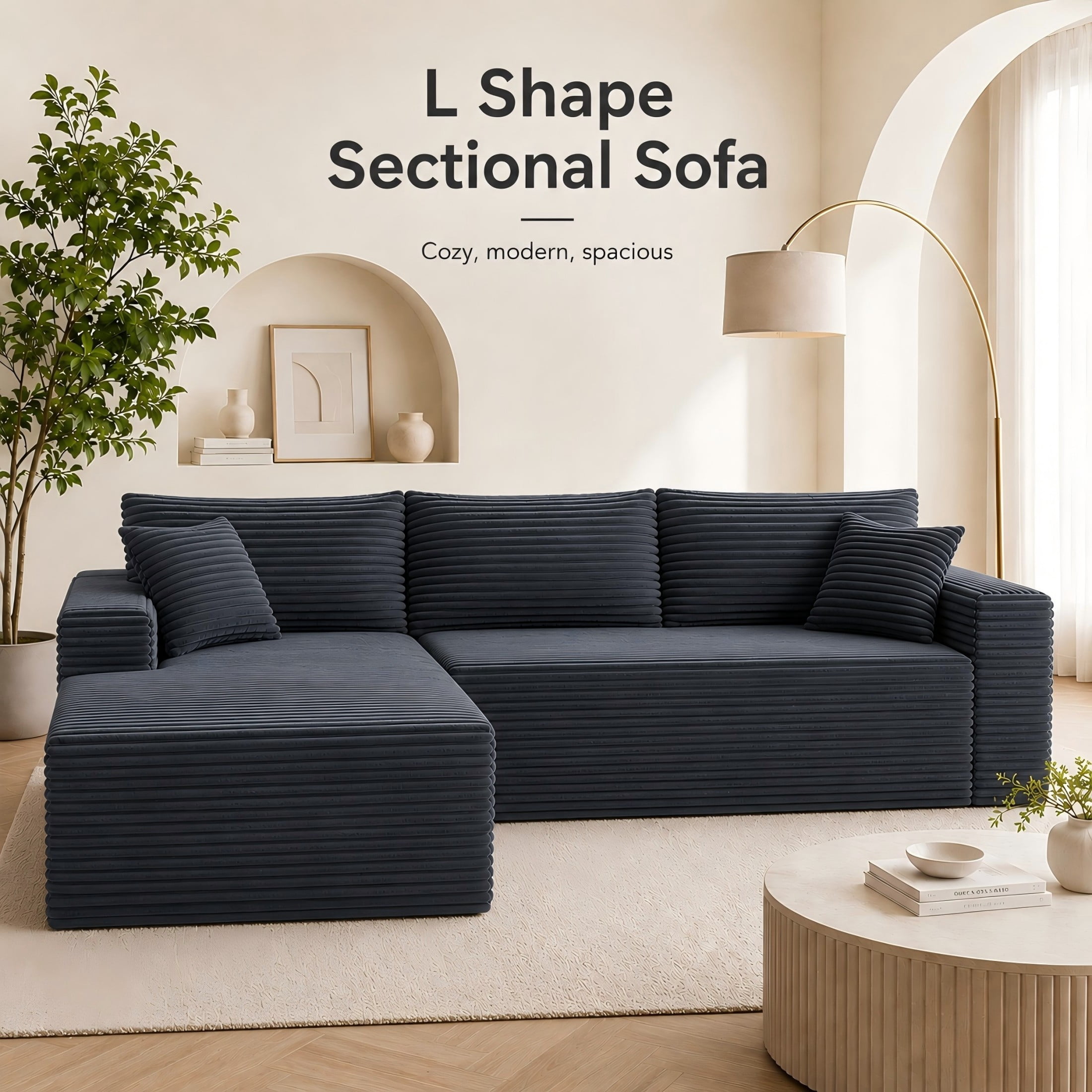Aukfa 107" Cloud Modular Sectional Couch with Left-Facing Chaise, Corduroy Deep Seat Boneless Sofa for Living Room, Apartment, Gray