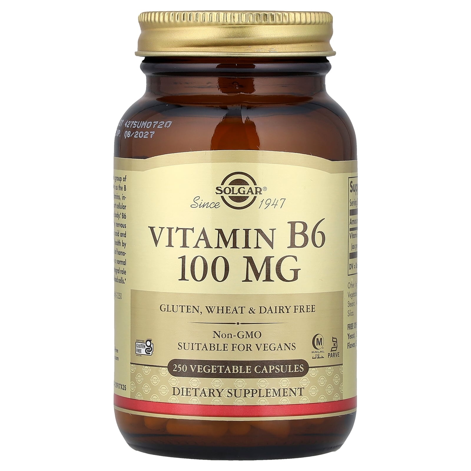 Solgar Vitamin B6, 100 mg, 250 Vegetable Capsules
