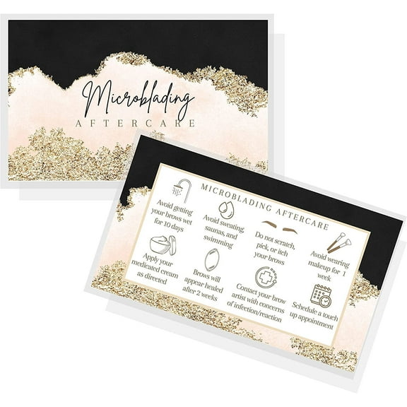 Boutique Marketing LLC Microblading Aftercare Cards  50 Pack  Size 2x3.5 inches Business Card  PMU Pink, Black, and Gold Design