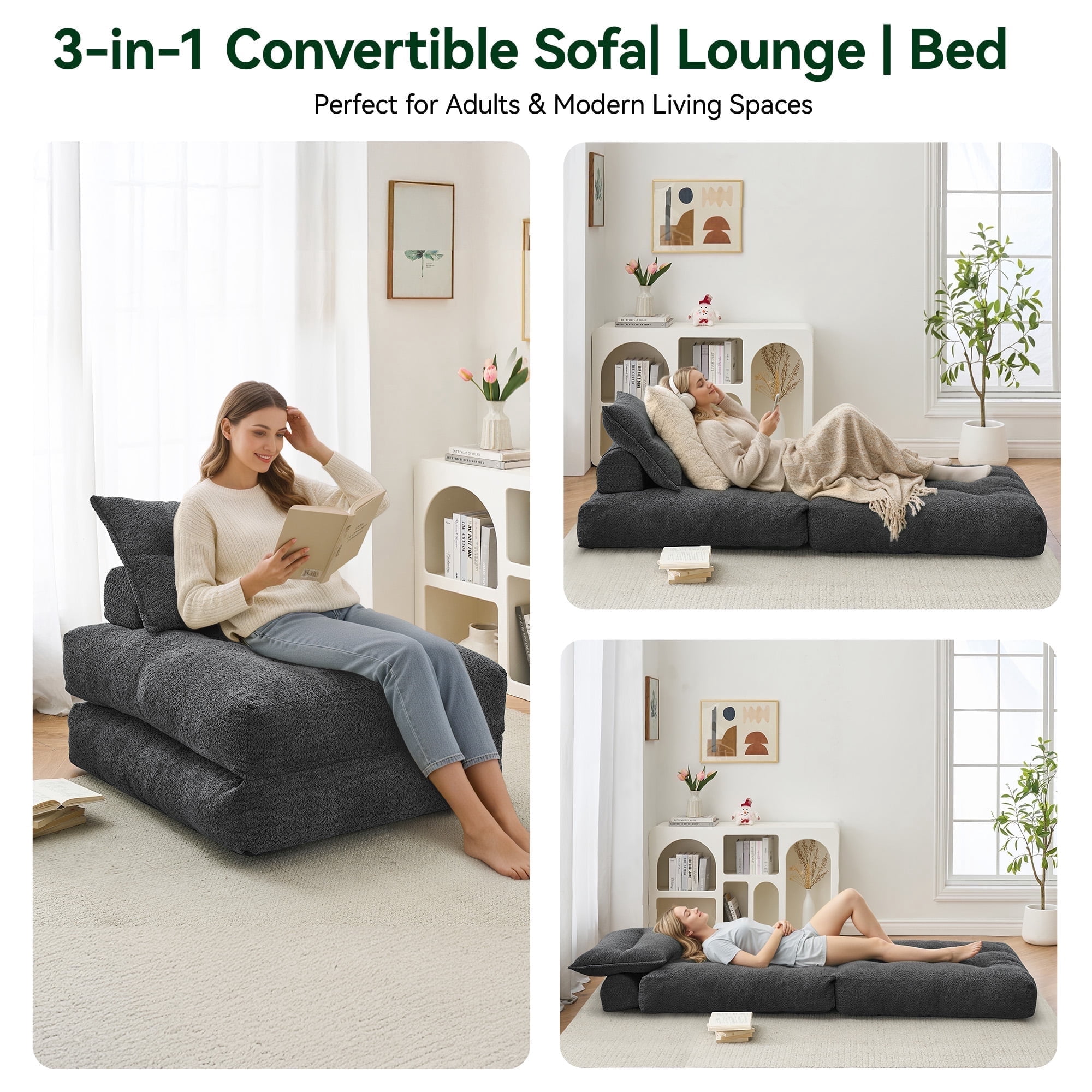 BEHOST 86" 4 Pack Large Futon Sofa Bed for Adults, 3-in-1 Convertible Folding  Chair Bed Sleeper Chair,  Dark Gray