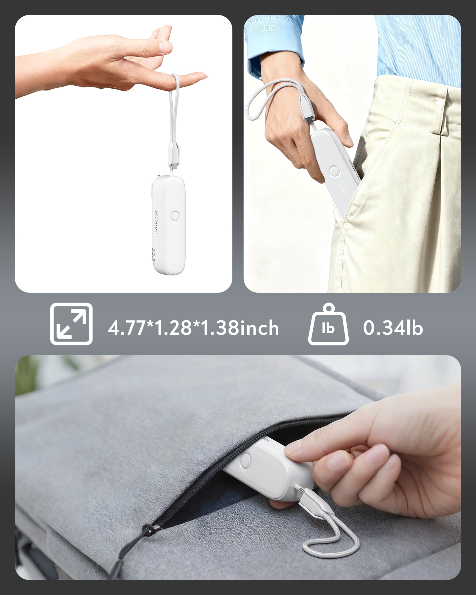 TOPADRE 22.5W Power Bank, 5000mAh Portable Charger with Built-in USB-C Cable, Foldable Plug, Dual Type-C Ports, White