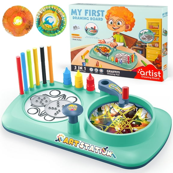 Flooyes 3 in 1 Spin Art Station, Creative Art Toy Set With Spirograph and Pigment, Birthday Gifts For Boys and Girls 3-8 Green