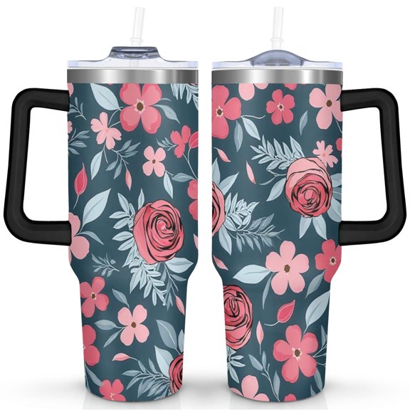 Cup with Handle and Straws 40 oz Stainless Steel Gothic Wildflower Colorful Floral Travel Cup Birthday Present for Men Dad Son Husband Gifts for Him/Her Water Bottle