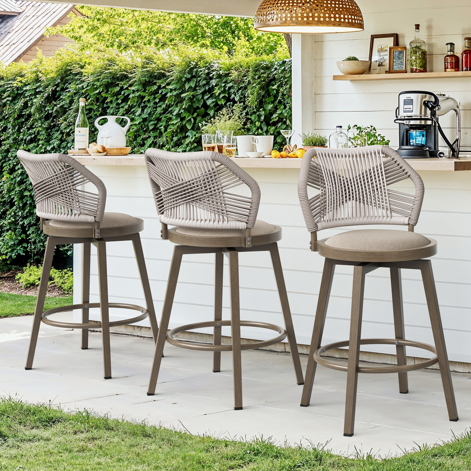 Dycanpo 26'' Swivel Bar Stools Set of 3, Counter Height Stools with Woven Backrest & Footrest, Beige