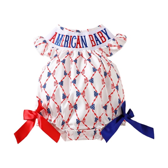 Staki 4th of July Outfits for Kids Toddler Baby Girl Clothes Summer Smocked Bubble Romper Embroidery Onesie Short Sleeve Bodysuit Cute 0-18M(White,0-3 Months)