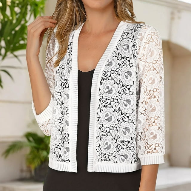 IMENGL Ladies' solid color lace knitted cardigan v neck, White 2XL, Size M-2XL