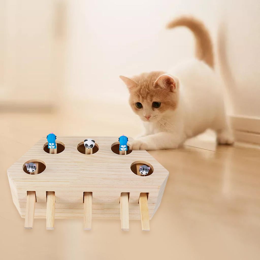 Interactive Toy Wooden Solid Game Box Puzzle Toy for Indoor Cats Mice - 5 Holes