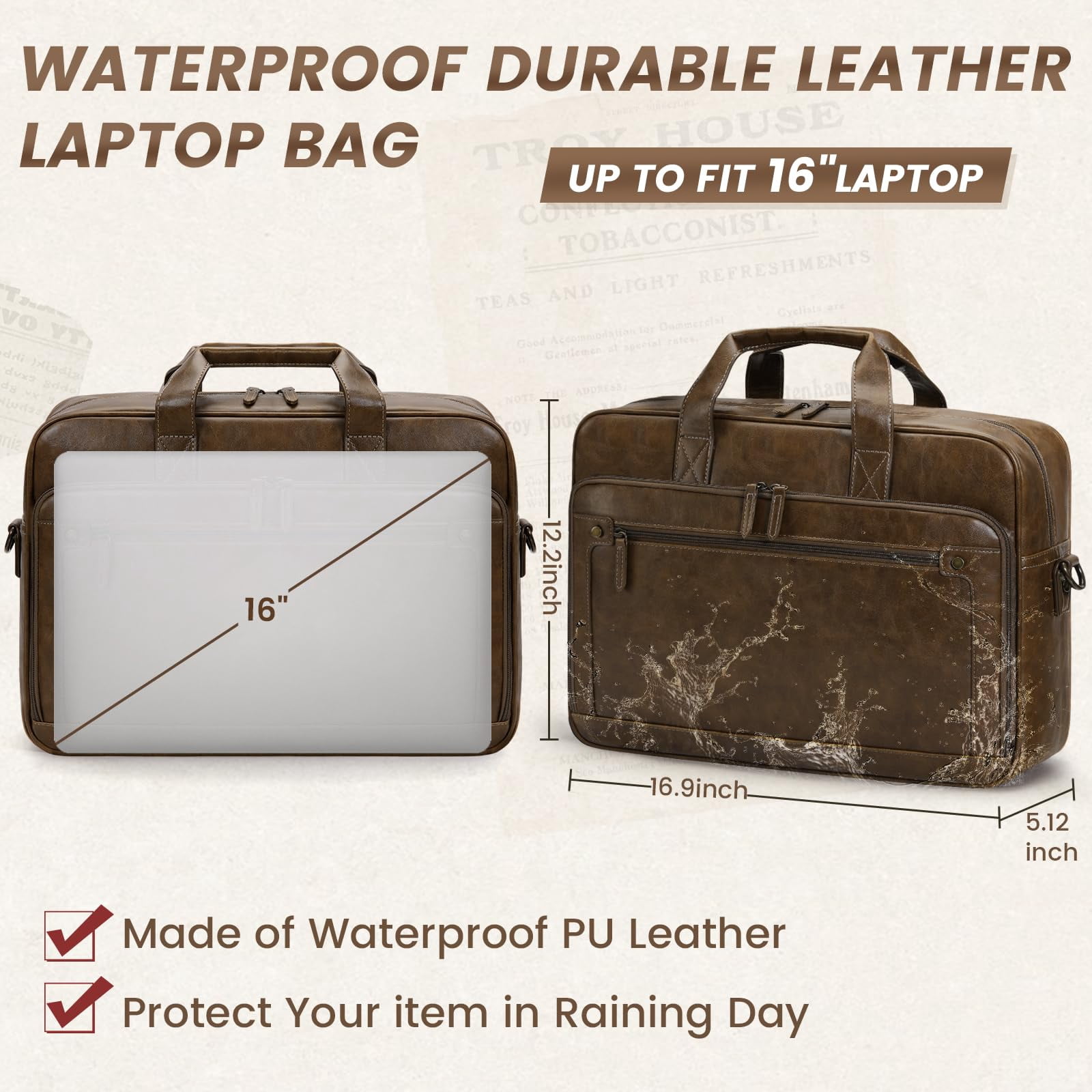 RAINSMORE Mens Laptop Bag 16 Inch Leather Briefcase Vintage Messenger Bag for Men Large Crossbody Shoulder Office Computer Bag Retro College Satchel Bag for Work, Business,Travel,Browm