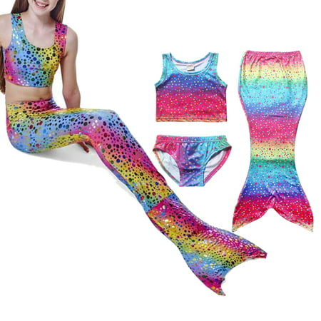 3PCS Baby Kids Girl Tankini Set Swimwear Swimsuit Swimming Mermaid Tail With Monofin Swimming Costumes Swimmable Flippers